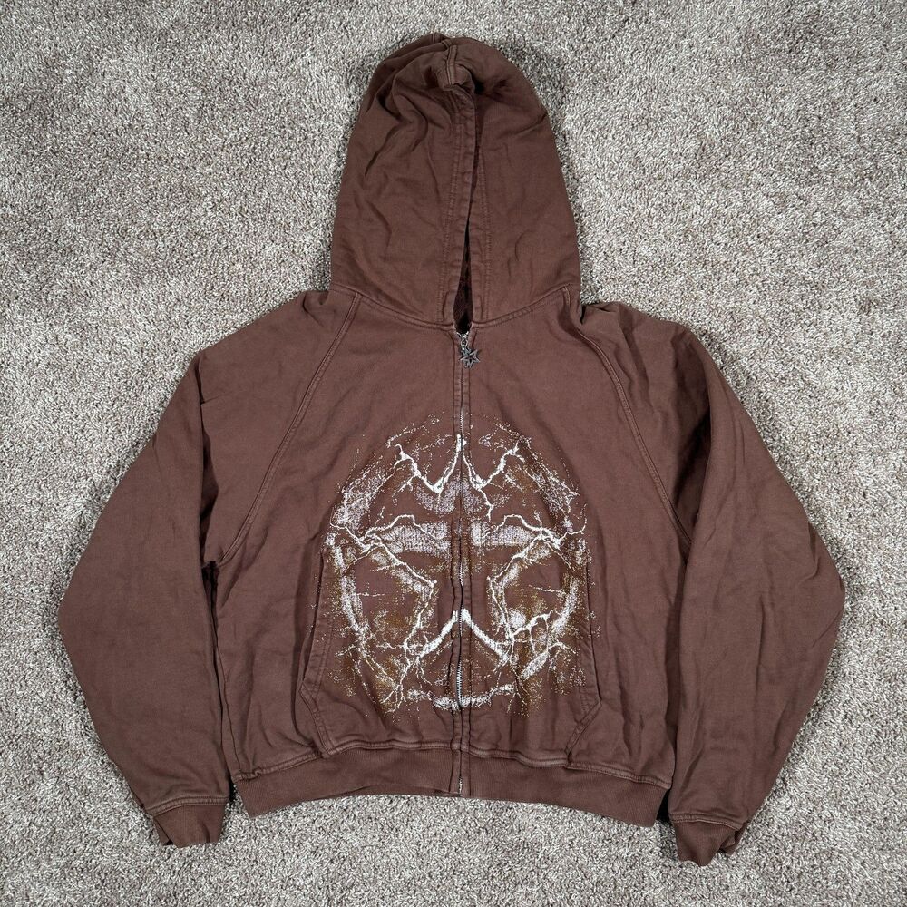 Synical Hoodie Mens XL Brown Full Zip Graphic Star Zipper Hood Streetwear